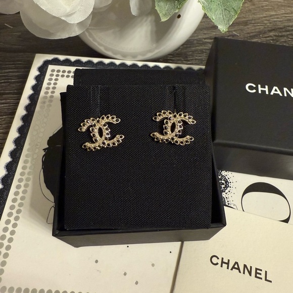 CHANEL‎ Gold Black Crystal Mini CC Earrings